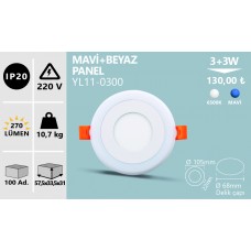3+3W SIVA ALTI MAVİ+BEYAZ 3 FONK. LED PANEL
